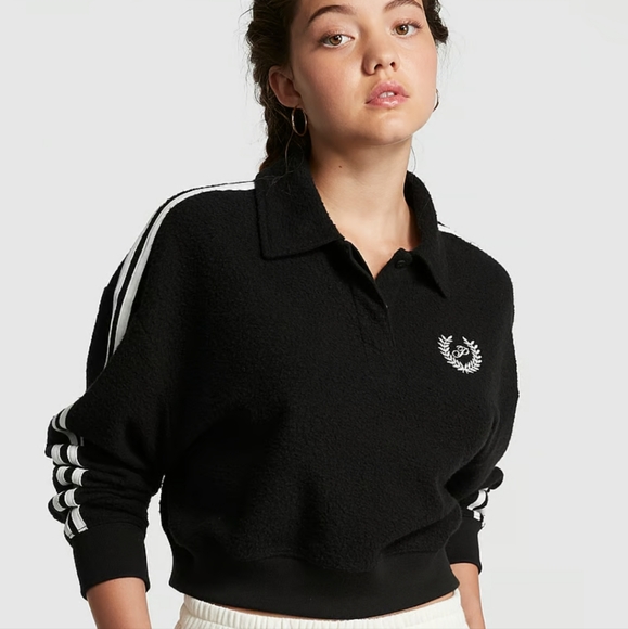 VICTORIA'S SECRET PINK REVERSE FLEECE CROPPED POLO SWEATSHIRT - Picture 2 of 5